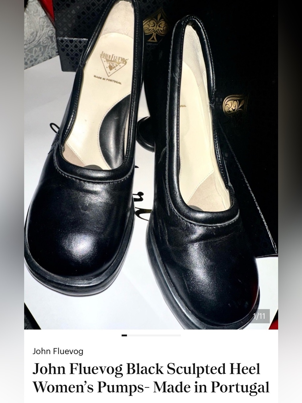 John Fluevog Black Leather -Rounded Sculpted Heel Pumps. Sized 7.5